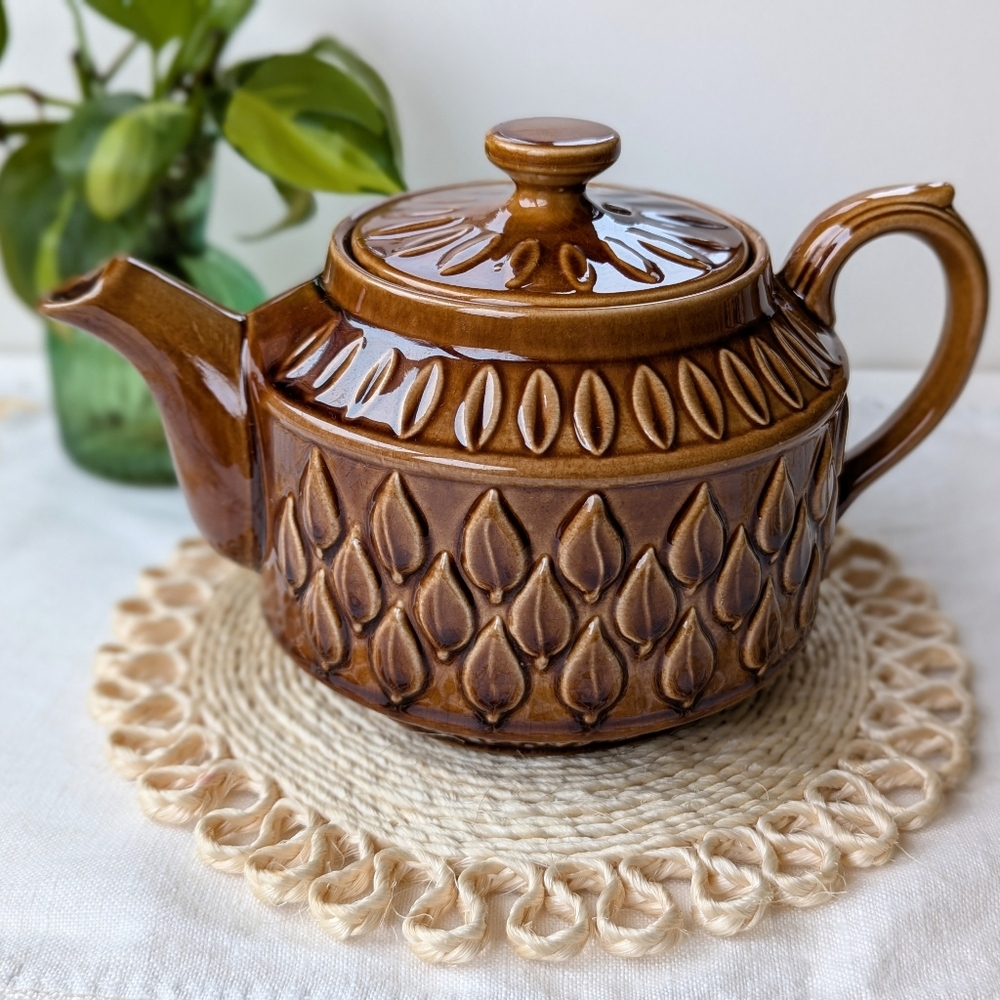 Mid Century Brown Leaf English Teapot Vintage Pottery Polished Ceramic